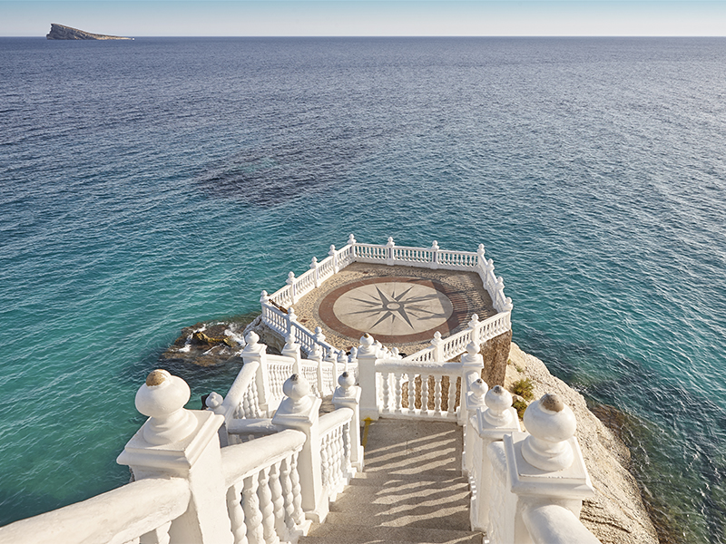 Mediterranean coastline viewpoint in benidorm. wind rose compass